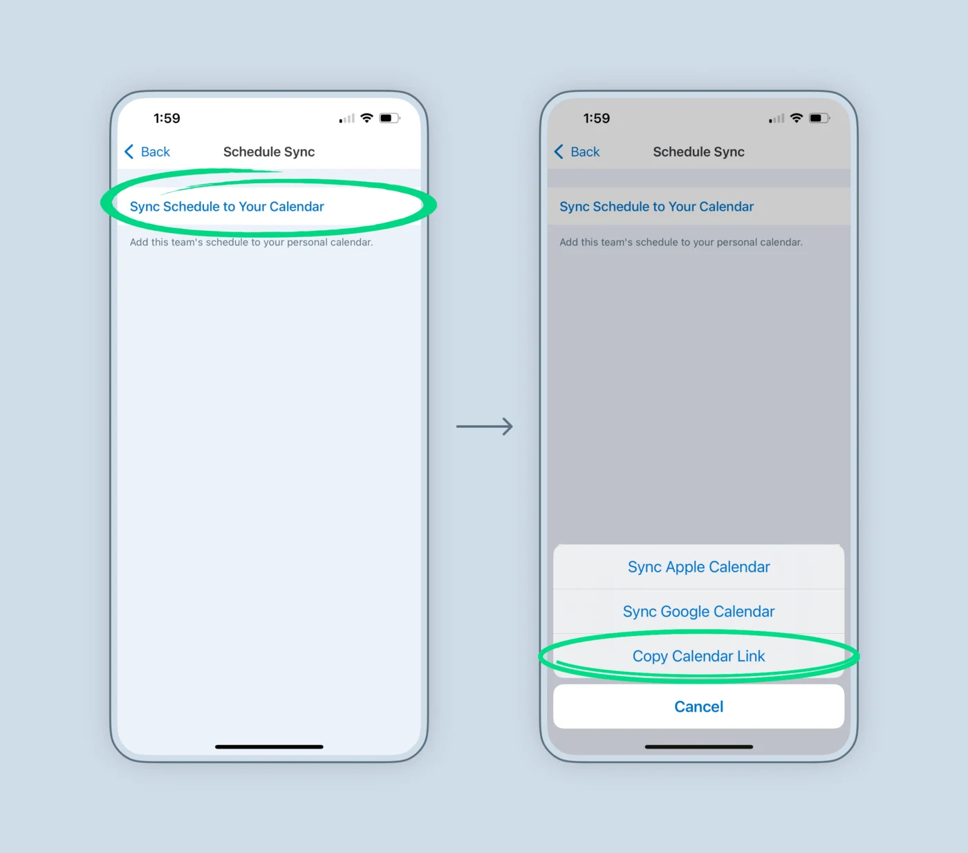 GameChanger's Schedule Sync screen, then the menu with Copy Calendar Link circled