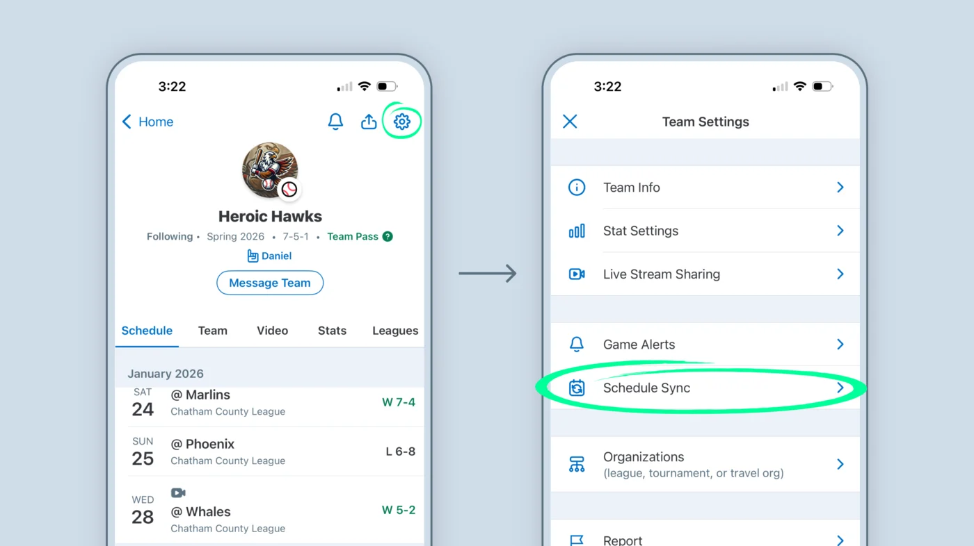 A GameChanger team page with the gear button circled, then Team Settings with Schedule Sync circled