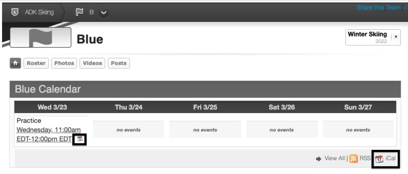 A SportsEngine club team page calendar, with the iCal link at the bottom right highlighted
