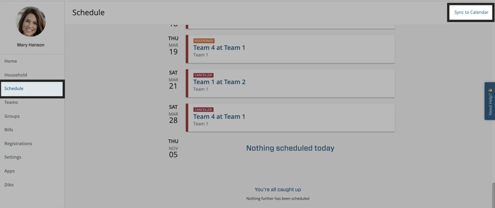 The SportsEngine account Schedule page, with Schedule in the left menu and the Sync to Calendar button highlighted
