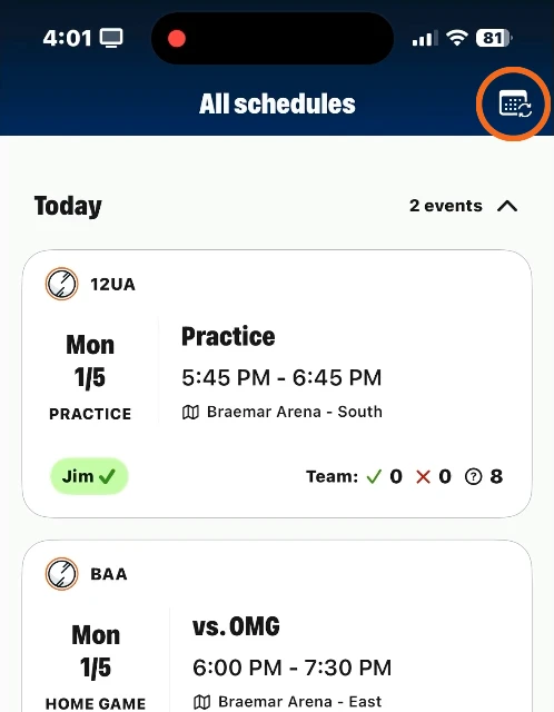 TeamSnap ONE's All schedules screen, with the calendar sync button in the top-right corner circled