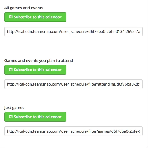 TeamSnap's combined schedule links: all games and events, games and events you plan to attend, and just games