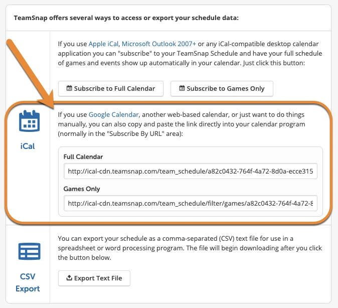 TeamSnap's Export Schedule page with the Full Calendar and Games Only links highlighted under iCal