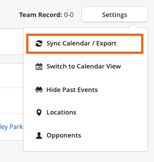 TeamSnap's schedule Settings menu with Sync Calendar / Export highlighted