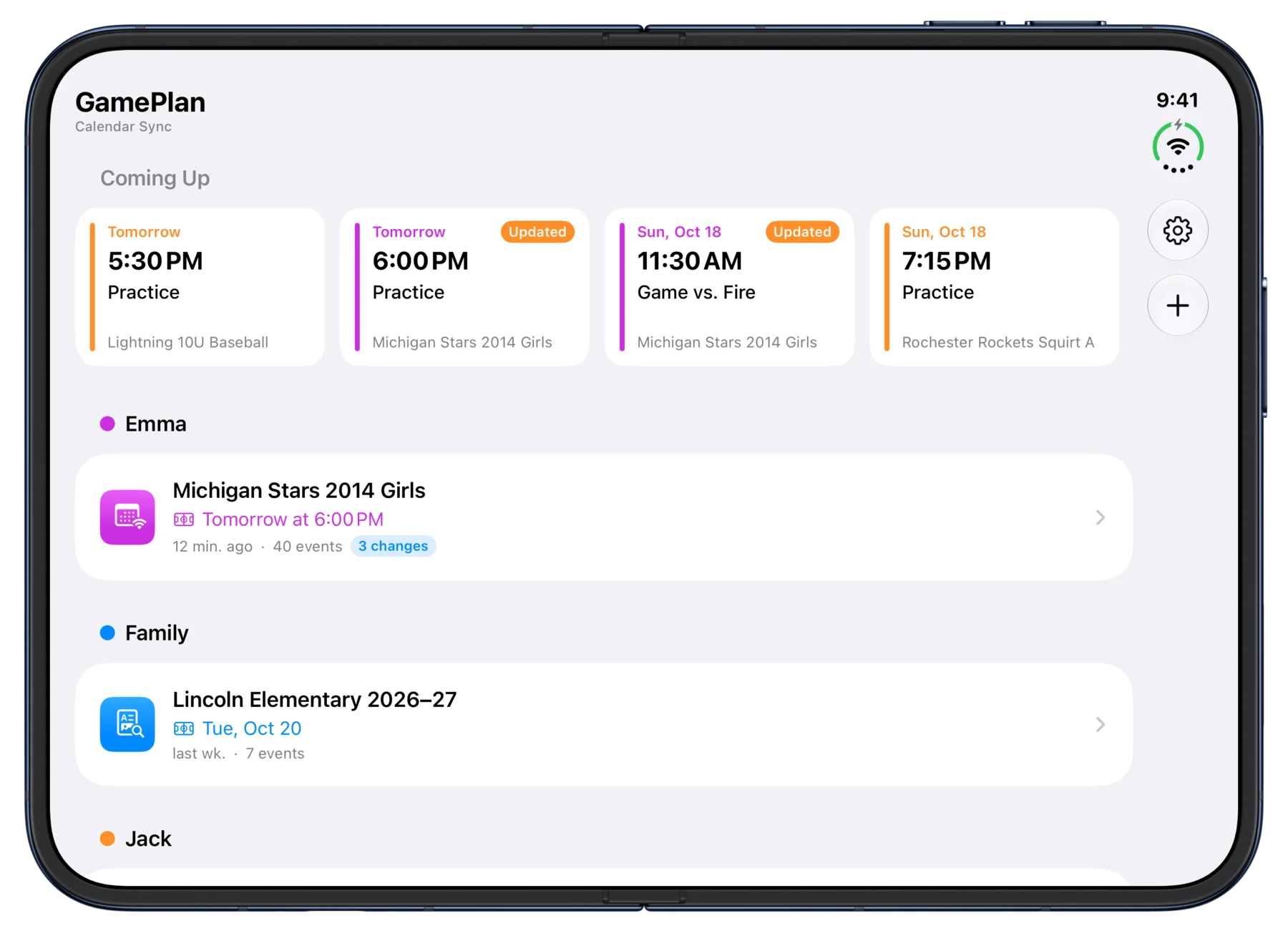 GamePlan on an unfolded iPhone Duo, showing four upcoming events in a row above the teams for Emma and the family