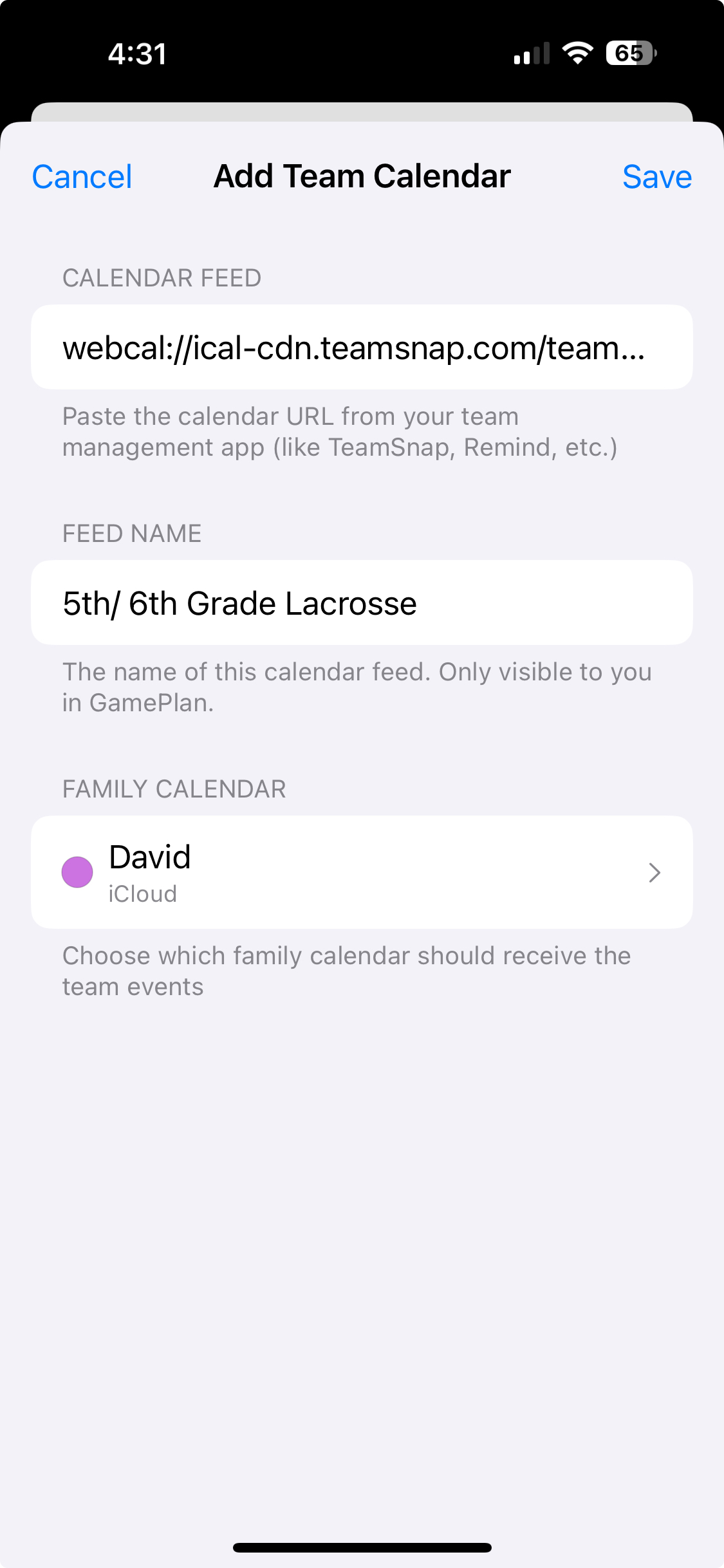 Add calendar feed screenshot